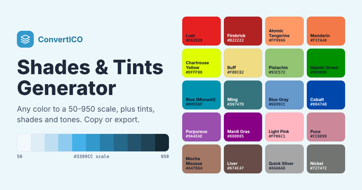 Shades & Tints Generator - 50-950 Color Scale from Any Color, Free