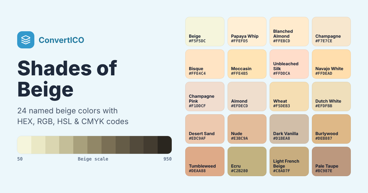 Shades of Beige - 24 Beige Color Codes (HEX, RGB) with Names