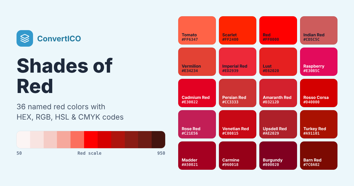 Shades of Red - 36 Red Color Codes (HEX, RGB) with Names