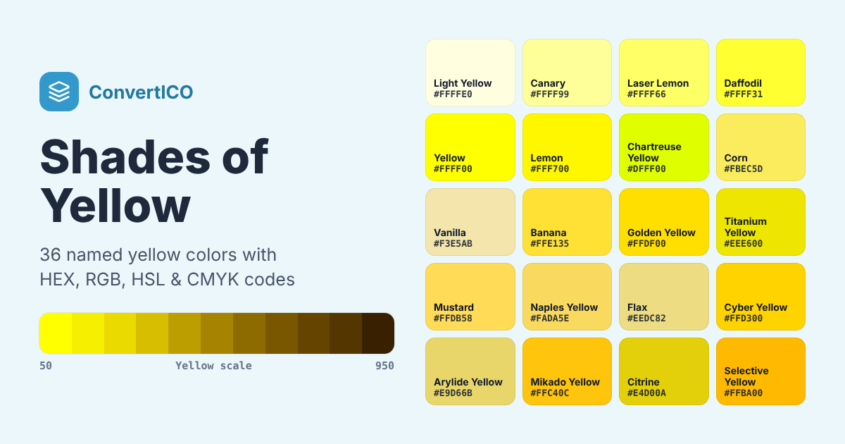 Yellow Color Copy Shades of Yellow - 36 Yellow Color Codes (HEX, RGB) with Names