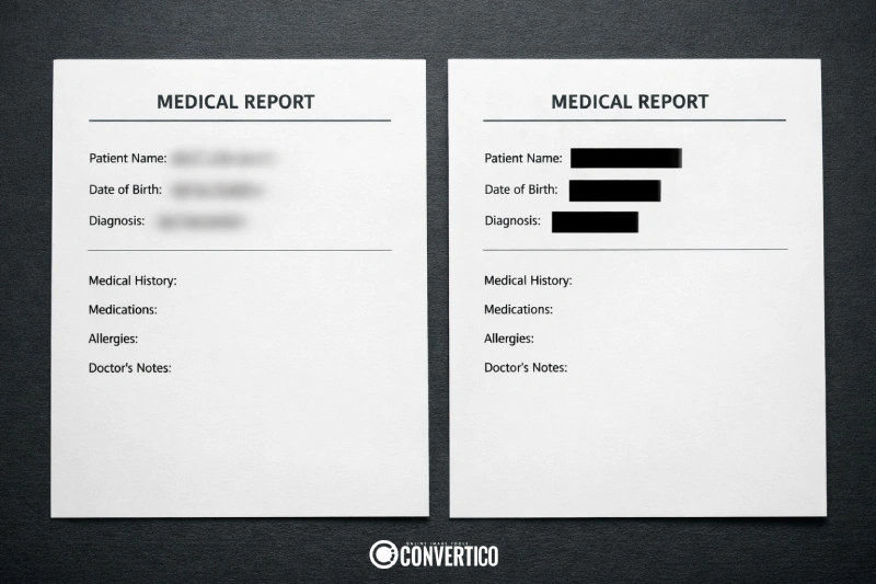 Visual comparison showing blur vs pixelate censoring - blur leaves faint text shapes visible while pixelation completely destroys data