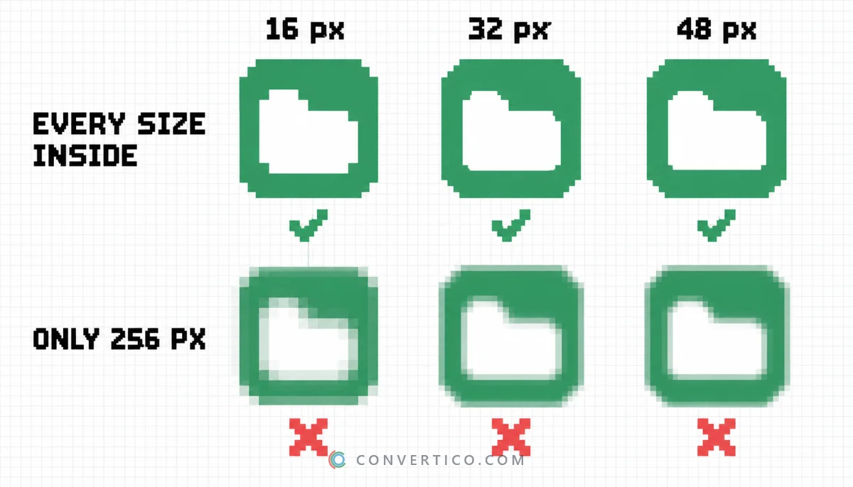 The same icon at 16, 32 and 48 px - sharp when each size is in the file, blurry when Windows has to scale one size