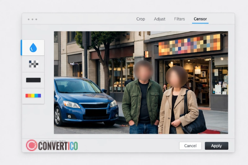 Screenshot of ConvertICO censor photo tool showing blur, pixelate, and black bar options applied to a sample image