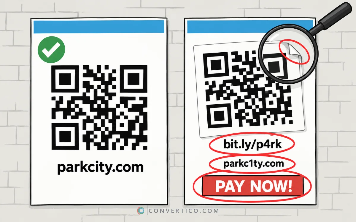 Two posters side by side, the fake one marked with warning signs: a sticker edge, a short link, a look-alike web address and an urgent message