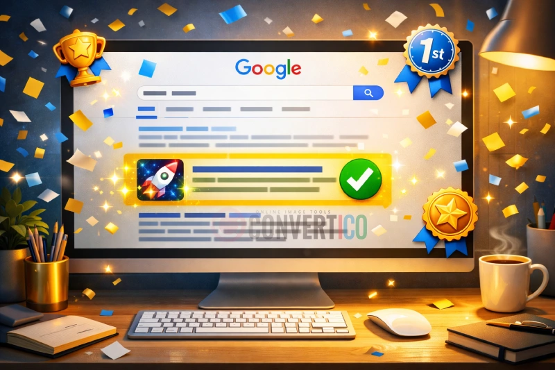 Successfully displayed favicon in Google search results with green checkmark confirmation