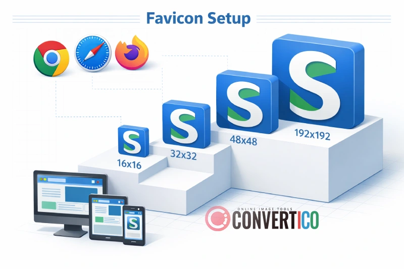Favicon size comparison showing 16x16, 32x32, 48x48, and 192x192 icons across different browsers and devices