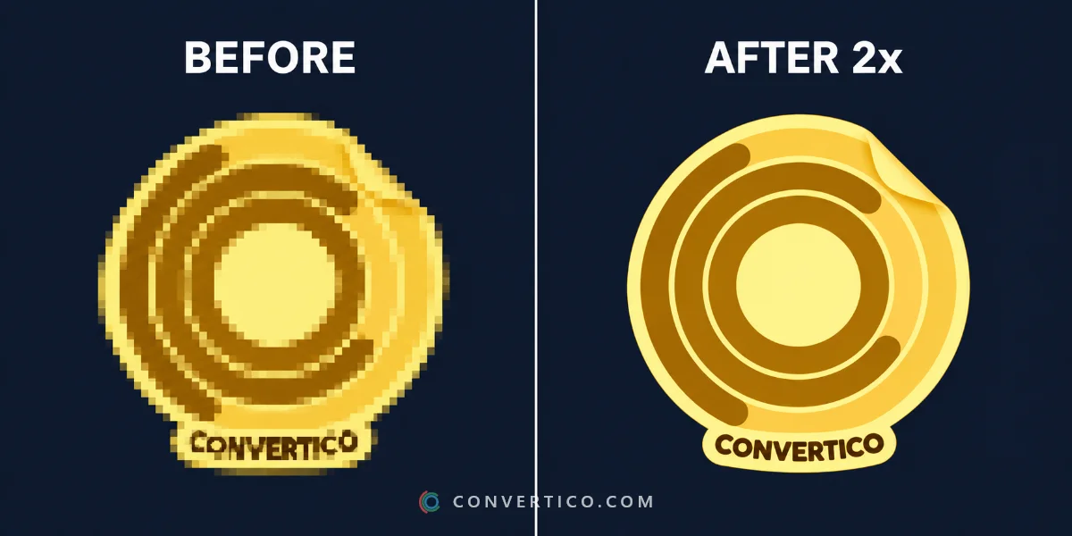 The same small animated GIF before and after upscaling: blocky and soft on the left, sharp and clean on the right