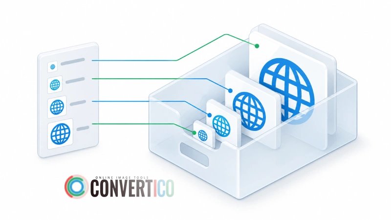 An ICO file is a container holding the same icon at several sizes, indexed by a directory