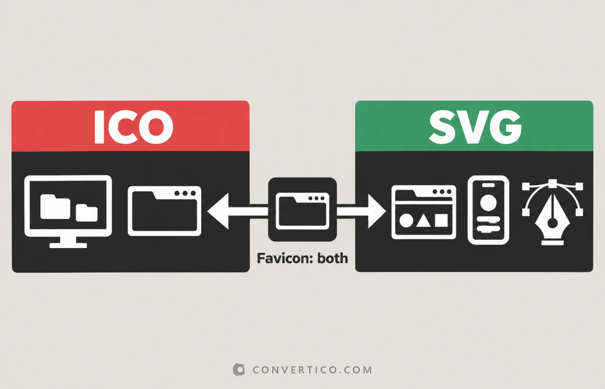 Signpost-style pictograms showing where ICO and SVG work: Windows desktop and browser tabs for ICO, websites and apps for SVG