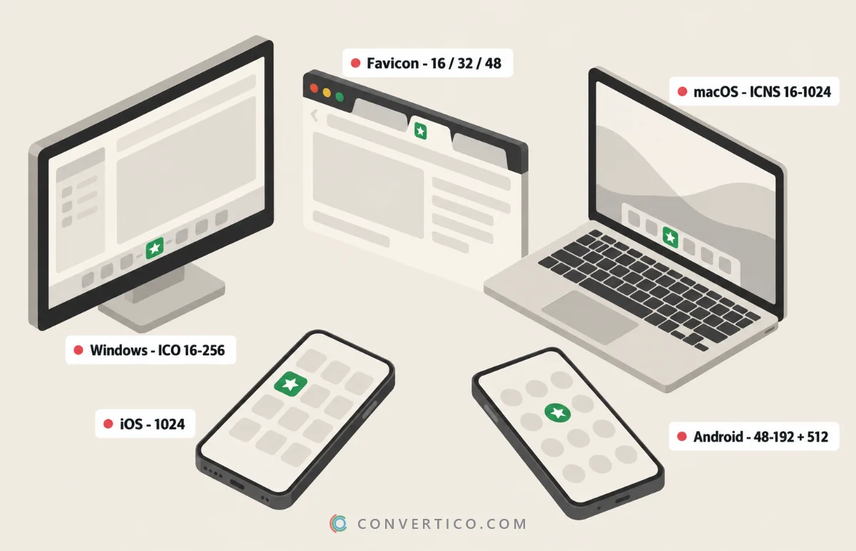 One app icon shown at the sizes used by Windows, a browser tab, macOS, iPhone and Android