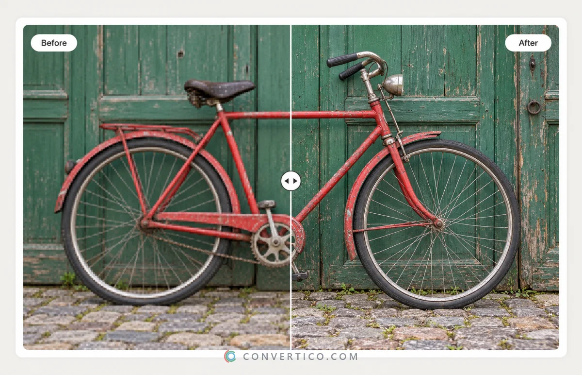 Before and after: a small, soft photo next to the same photo upscaled with AI, with crisp detail
