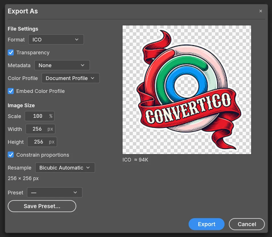 PhotoCraft Export As dialog with Format set to ICO, Transparency ticked and the size set to 256 x 256 px