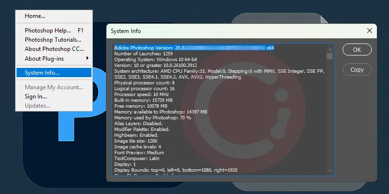 Checking Photoshop system information
