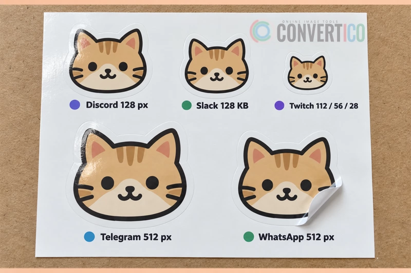 One custom image shown as a Discord emoji, Slack emoji, Twitch emote, Telegram sticker and WhatsApp sticker with the size each app needs