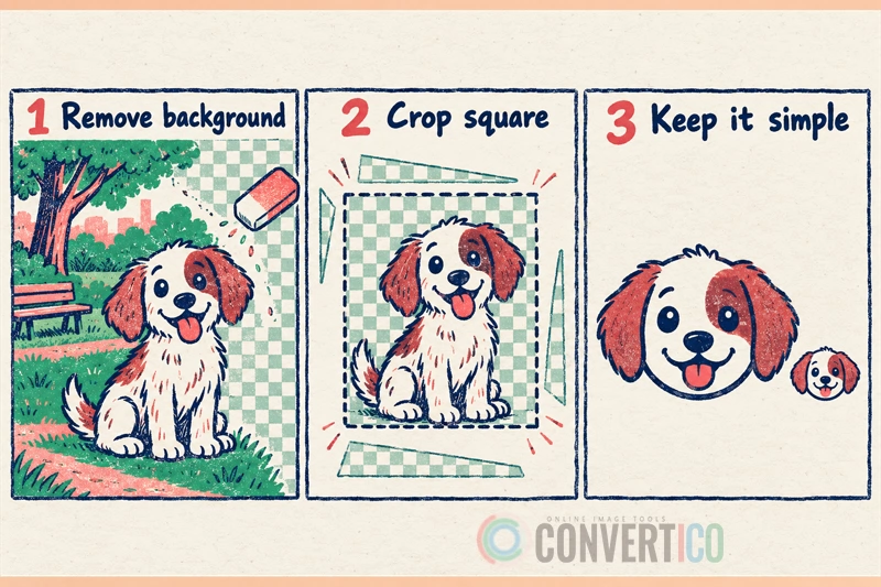 Three steps to prepare a PNG for a custom emoji: remove the background, crop it square and simplify it so it still reads at small size