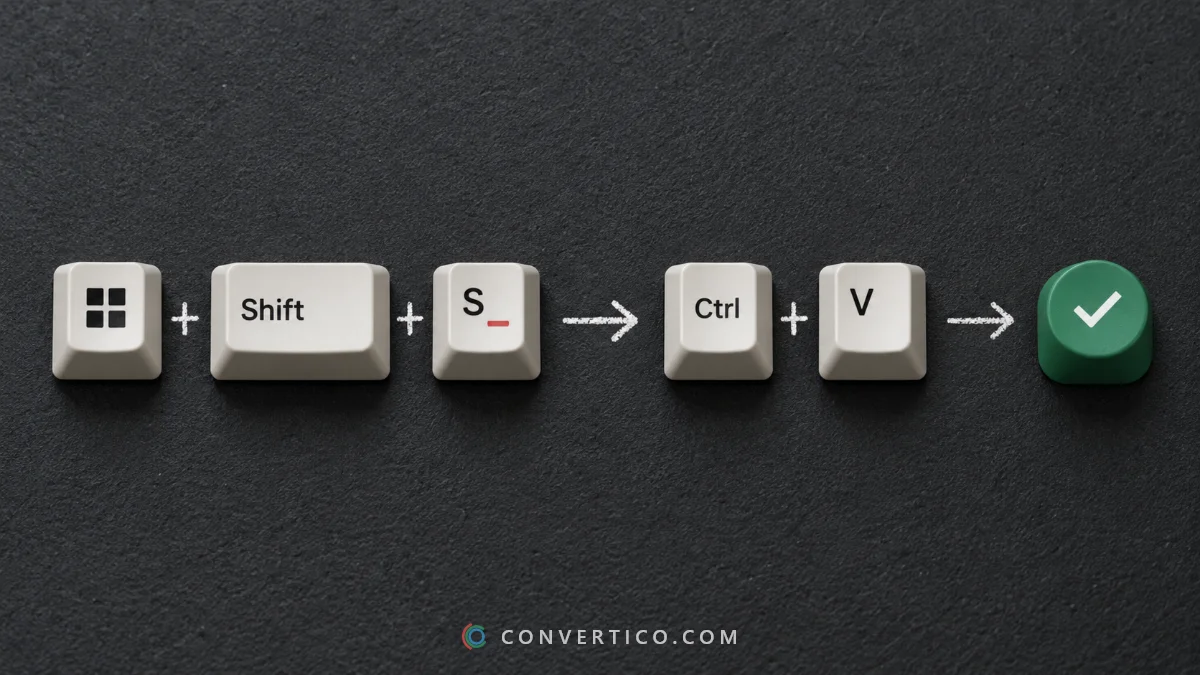 Three keyboard shortcuts in a row: Win + Shift + S to capture, Ctrl + V to paste, and a green check when the code is read