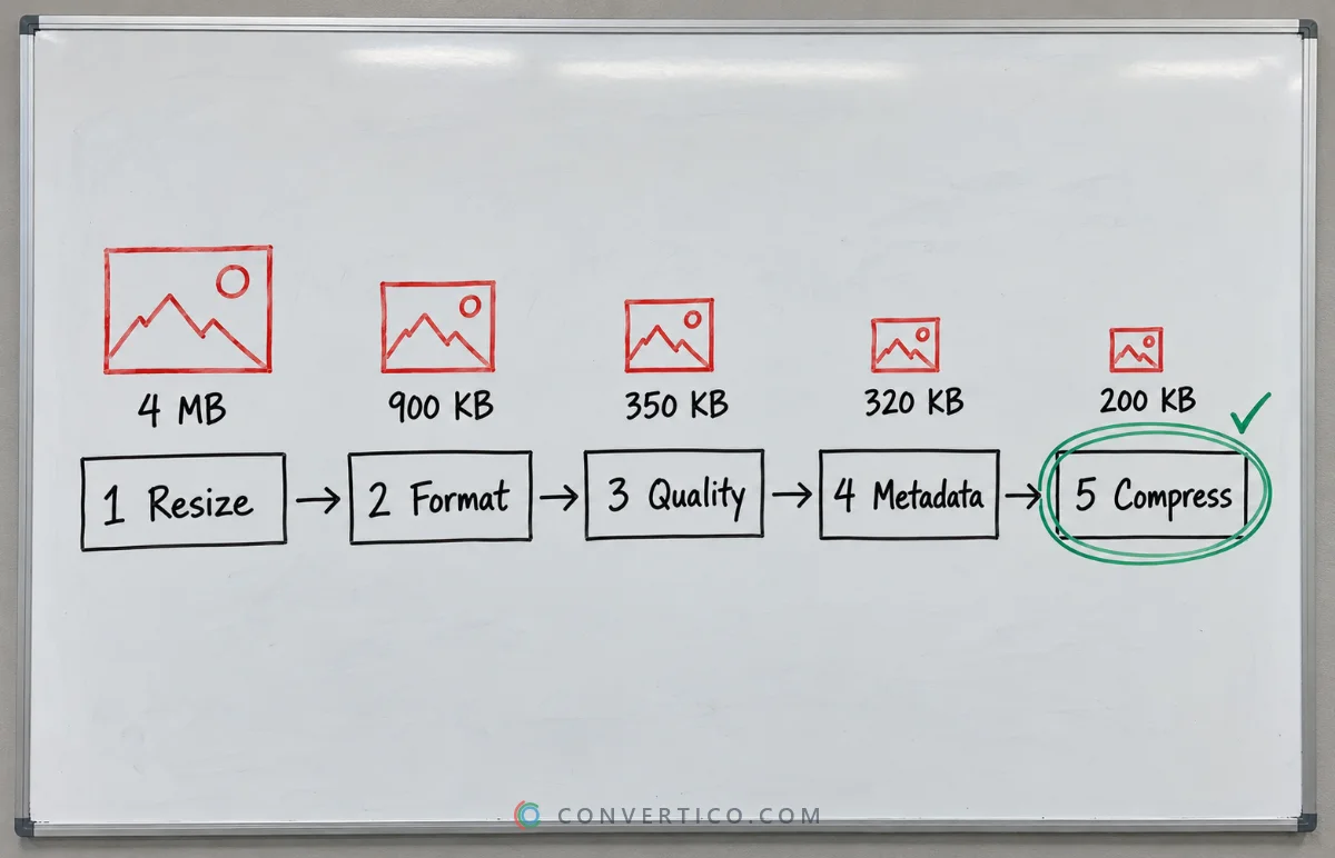 The five-step workflow: resize, choose format, set quality, strip metadata, compress - with a 4 MB photo shrinking to 200 KB
