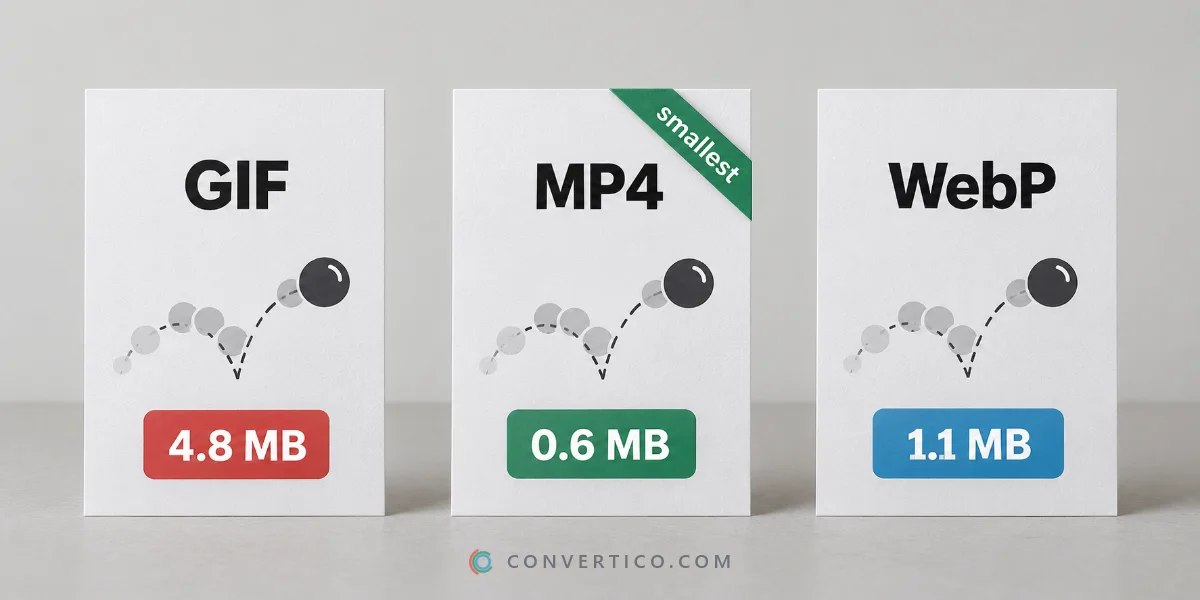 One animated GIF shown as three files side by side - GIF, MP4 and WebP - each with its file size, the MP4 much smaller