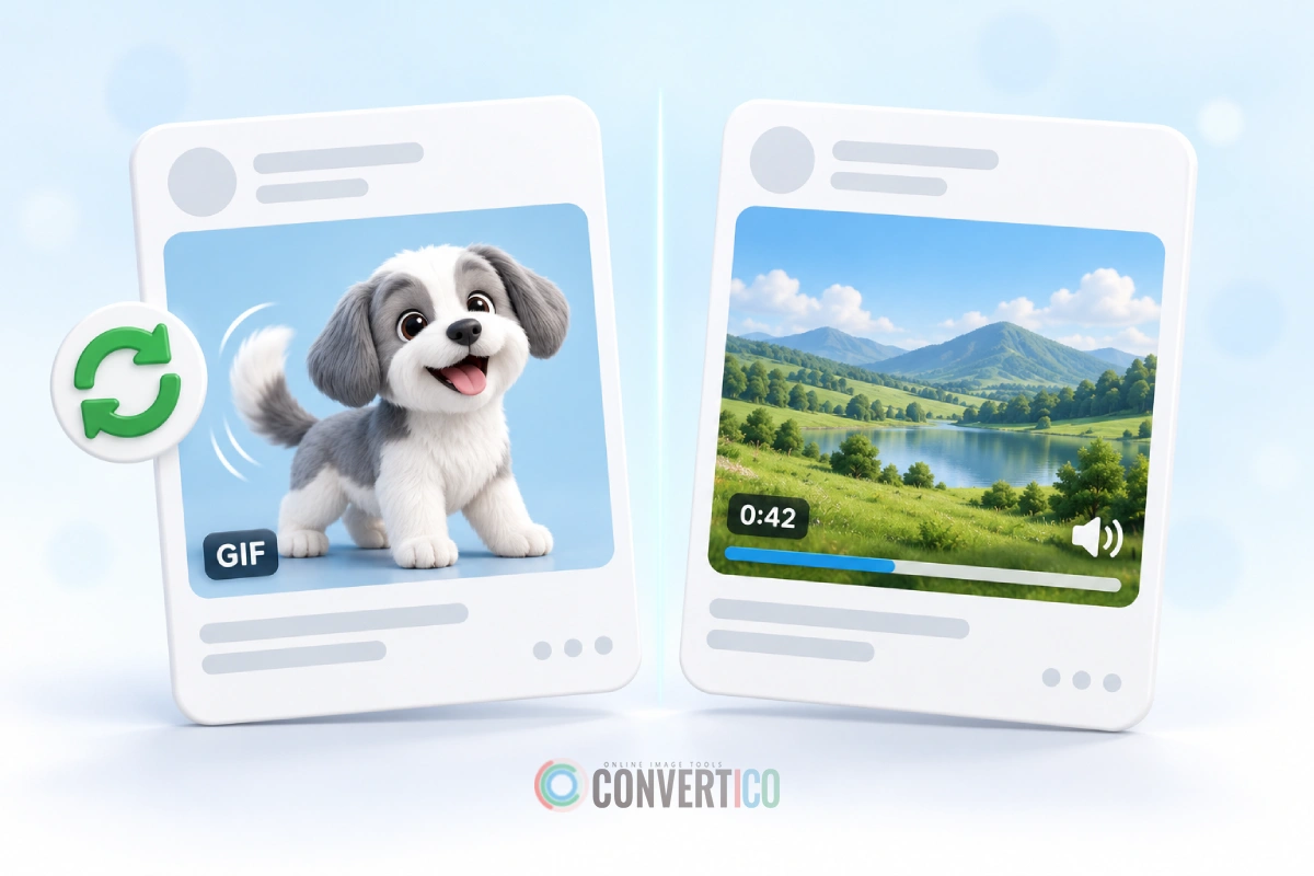 Two post cards side by side: a looping GIF with a GIF badge and a video with a volume button and timer