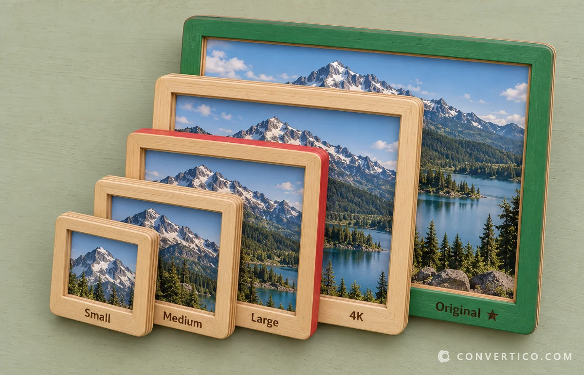 Five nested photo frames labeled Small, Medium, Large, 4K and Original, growing from small to large