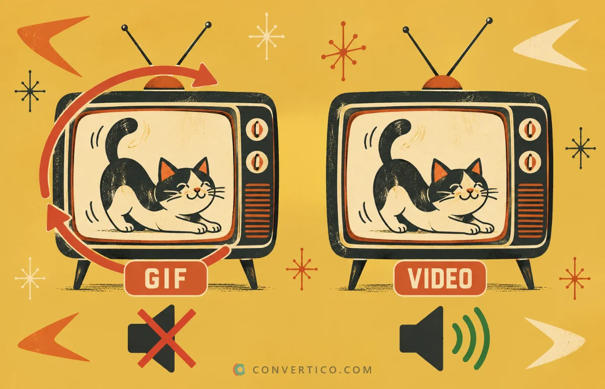 A silent looping GIF clip with a muted speaker next to a video clip with sound waves