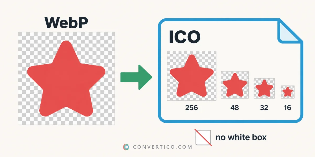 A transparent WebP sticker turning into an ICO file with four sizes, the checkerboard background kept clean with no white box